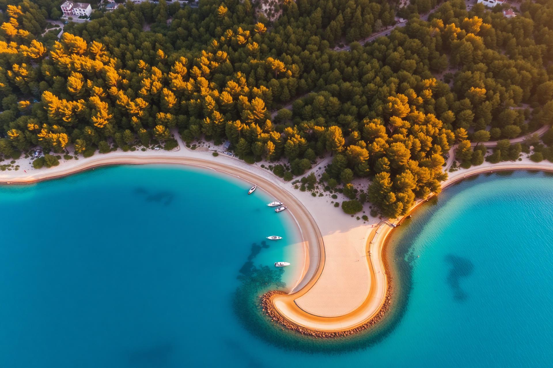 Aerial view of pine-fringed Koukounaries beach and turquoise Aegean sea, Skiathos
